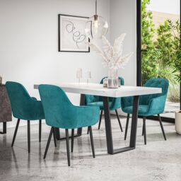 More4Homes Aria Dining Table & Chairs - White Marble Effect Table Top w Black Legs + Anika Velvet Dining Chair Set Of 4 in Blue - thumbnail 1