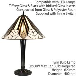 Loops Tiffany Glass Table Lamp Light Black Iridised & Art Deco Textured Shade i00170 - thumbnail 2