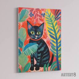 "Artery8 Black Cat In A Jungle Folk Art Canvas Wall Art Print - Size: W18"" x H24""" - thumbnail 2