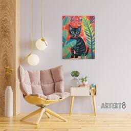 "Artery8 Black Cat In A Jungle Folk Art Canvas Wall Art Print - Size: W18"" x H24""" - thumbnail 3