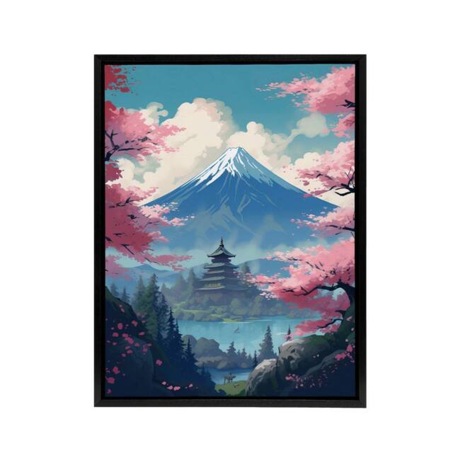 "Artery8 Japanese Temple in Mount Fuji Lake Landscape Framed Canvas Wall Art Print in Pink - Size: W12"" x H16""" - image 1