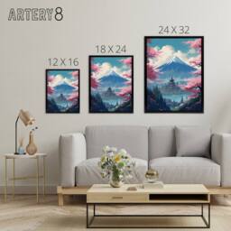"Artery8 Japanese Temple in Mount Fuji Lake Landscape Framed Canvas Wall Art Print in Pink - Size: W12"" x H16""" - thumbnail 4