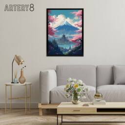 "Artery8 Japanese Temple in Mount Fuji Lake Landscape Framed Canvas Wall Art Print in Pink - Size: W12"" x H16""" - thumbnail 3