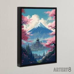 "Artery8 Japanese Temple in Mount Fuji Lake Landscape Framed Canvas Wall Art Print in Pink - Size: W12"" x H16""" - thumbnail 2