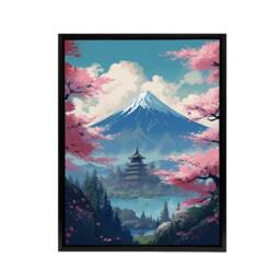 "Artery8 Japanese Temple in Mount Fuji Lake Landscape Framed Canvas Wall Art Print in Pink - Size: W12"" x H16""" - thumbnail 1
