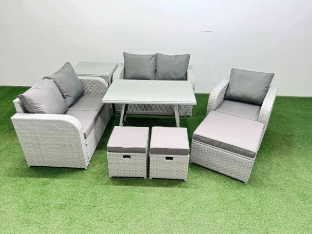 Fimous 8 Seater Rattan Garden Furniture Set Love Sofa Reclining Chair Sets in Light Grey - image 1