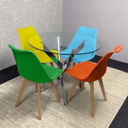 KOSY KOALA Round Glass Dining Table Set With 4 Mix Plastic Chairs Dining Room Furniture in Beige - thumbnail 2