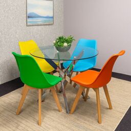 KOSY KOALA Round Glass Dining Table Set With 4 Mix Plastic Chairs Dining Room Furniture in Beige