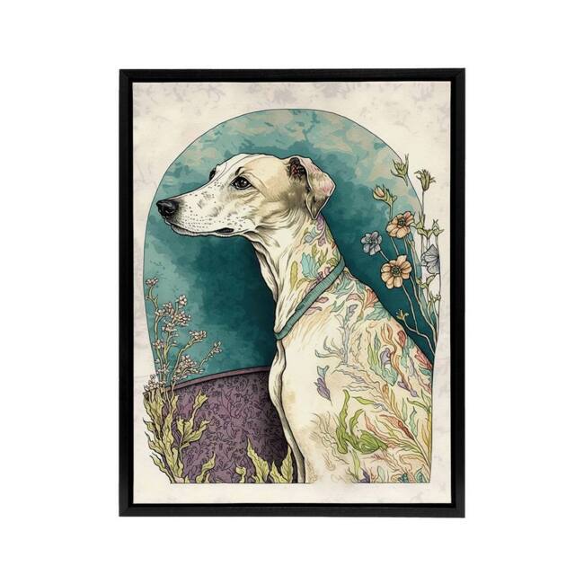 "Artery8 Whippet Dog With Flowers Modern Framed Canvas Wall Art Print in Blue - Size: W24"" x H32""" - image 1