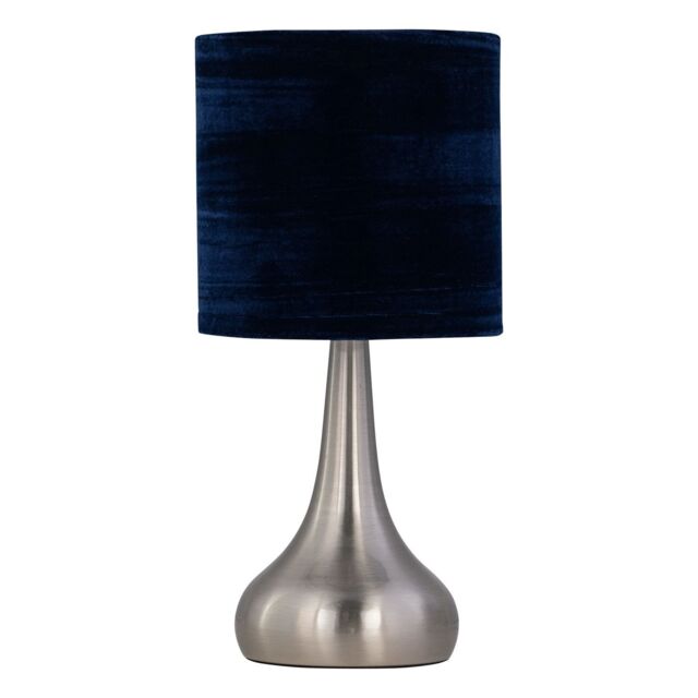 First Choice Lighting Romana - Brushed Chrome Touch Table Lamp with Navy Blue Crushed Velvet in Silver - image 1