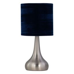 First Choice Lighting Romana - Brushed Chrome Touch Table Lamp with Navy Blue Crushed Velvet in Silver