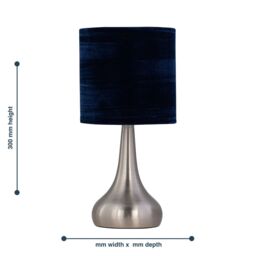 First Choice Lighting Romana - Brushed Chrome Touch Table Lamp with Navy Blue Crushed Velvet in Silver - thumbnail 5