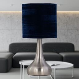 First Choice Lighting Romana - Brushed Chrome Touch Table Lamp with Navy Blue Crushed Velvet in Silver - thumbnail 3