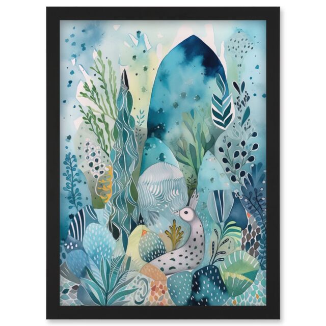 Artery8 Coastal Plants & Animals Folk Art Watercolour Painting Artwork Framed Wall Art Print A4 in Black - image 1