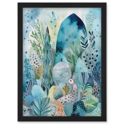 Artery8 Coastal Plants & Animals Folk Art Watercolour Painting Artwork Framed Wall Art Print A4 in Black - thumbnail 1