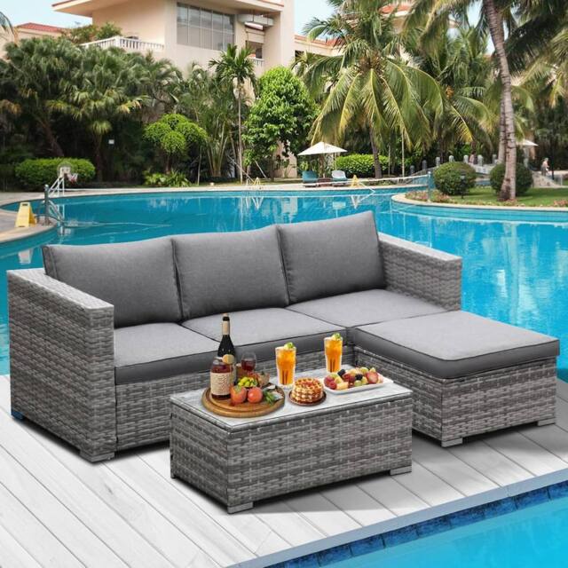 Lishetimig 3-Piece Rattan Garden Corner Sofa Set in Grey - image 1