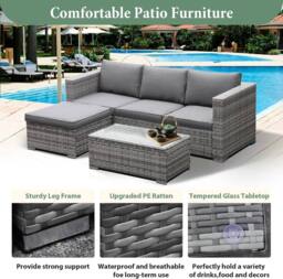 Lishetimig 3-Piece Rattan Garden Corner Sofa Set in Grey - thumbnail 4