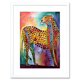 "Artery8 Wall Art Print Colourful Cheetah Folk Art Watercolour Painting Artwork Framed 9X7 Inch in White - Size: W7"" x H9""" - thumbnail 1