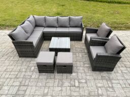 Fimous 10 Seater Outdoor Garden Furniture Set Wicker PE Rattan Corner Sofa Set with Square Coffee Table 2 Small Footstools 2 Armchairs in Dark Grey - thumbnail 2