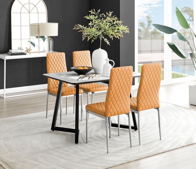 FurnitureboxUK Carson White Marble Effect Dining Table & 4 Milan Chrome Leg Chairs in Mustard - image 1