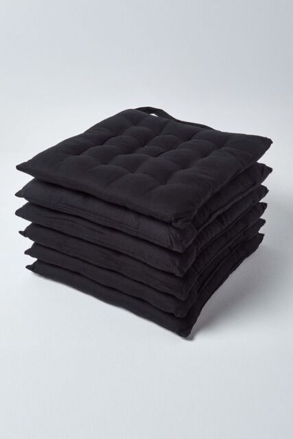 Homescapes 6 Pack Seat Pads Luxury 100% Cotton Indoor Outdoor Garden Cushion, 40cm in Black - Size: 40 cm x 40 cm - image 1