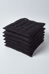 Homescapes 6 Pack Seat Pads Luxury 100% Cotton Indoor Outdoor Garden Cushion, 40cm in Black - Size: 40 cm x 40 cm