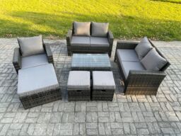 Fimous Rattan Garden Furniture Set 8 Seater Patio Outdoor Lounge Sofa Chair Set with Rectangular Coffee Table 3 Footstools in Dark Grey - thumbnail 1