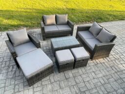 Fimous Rattan Garden Furniture Set 8 Seater Patio Outdoor Lounge Sofa Chair Set with Rectangular Coffee Table 3 Footstools in Dark Grey - thumbnail 2
