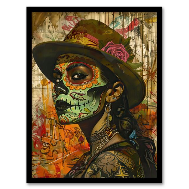 Artery8 Mexican Day of the Dead Portrait Street Art Tattoos Framed Art Print in Brown - Size: A4 - image 1