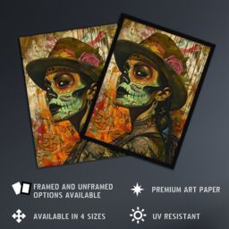 Artery8 Mexican Day of the Dead Portrait Street Art Tattoos Framed Art Print in Brown - Size: A4 - thumbnail 2