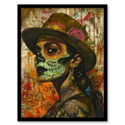 Artery8 Mexican Day of the Dead Portrait Street Art Tattoos Framed Art Print in Brown - Size: A4 - thumbnail 1