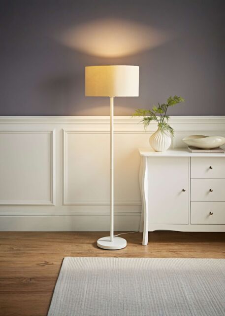 ValueLights Charlie White Single Stem Floor Lamp with Fabric Drum Lamp Shade & LED Bulb in Natural - image 1