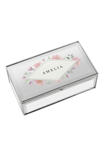 Personalised Memento Company Women's Personalised Floral Watercolour Mirrored Jewellery Box in Metallic Silver - image 1