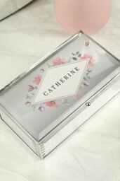 Personalised Memento Company Women's Personalised Floral Watercolour Mirrored Jewellery Box in Metallic Silver - thumbnail 3