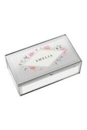 Personalised Memento Company Women's Personalised Floral Watercolour Mirrored Jewellery Box in Metallic Silver