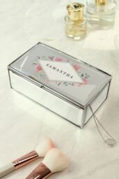 Personalised Memento Company Women's Personalised Floral Watercolour Mirrored Jewellery Box in Metallic Silver - thumbnail 4