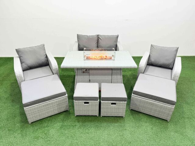 Fimous 8 Seater Outdoor Garden Furniture Set with Gas Firepit Table in Light Grey - image 1