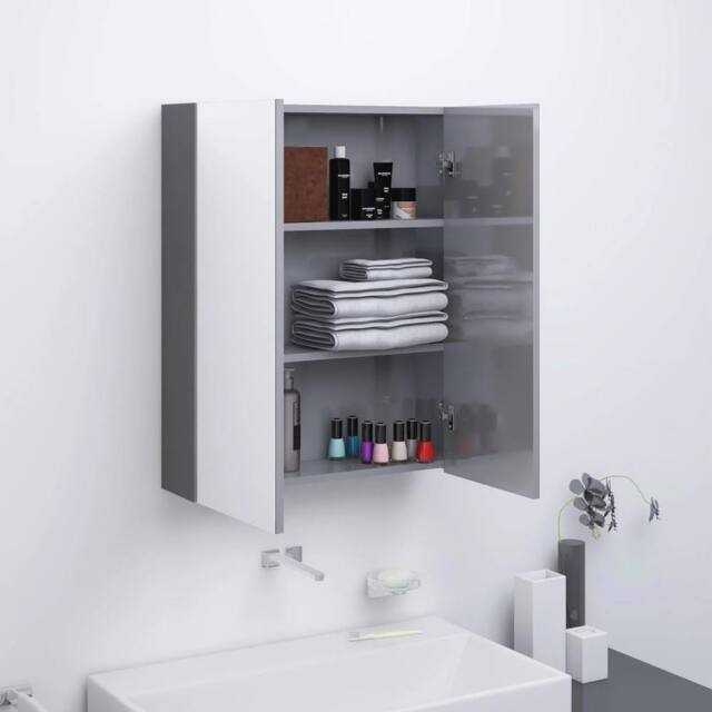 Berkfield Home Bathroom Mirror Cabinet 60x15x75 cm MDF Shining Grey - Size: 60 x 15 x 75 cm - image 1