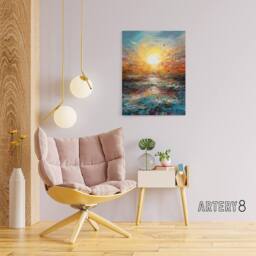 "Artery8 Sunrise At Sea Abstract Seascape Canvas Wall Art Print in Blue - Size: W18"" x H24""" - thumbnail 3