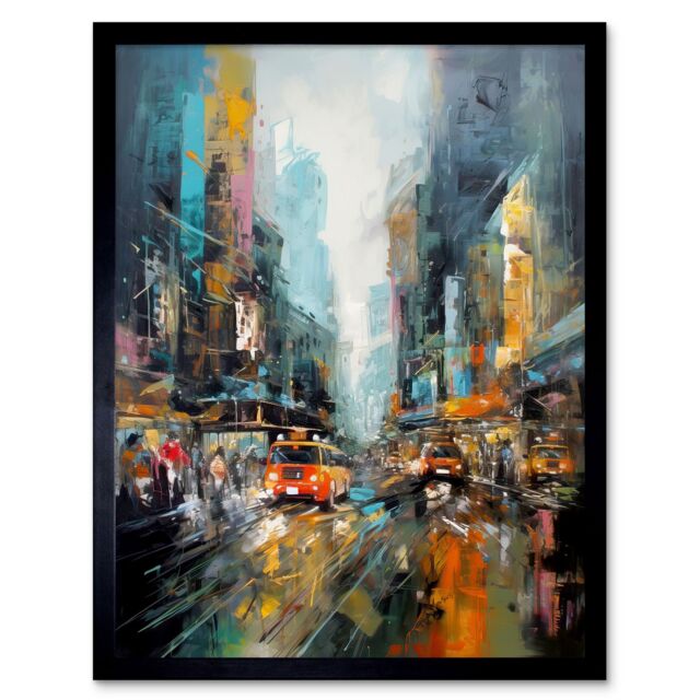 "Artery8 Wall Art Print New York City Rainy Day Abstract Action Cityscape Art Framed in Black - Size: W12"" x H16""" - image 1