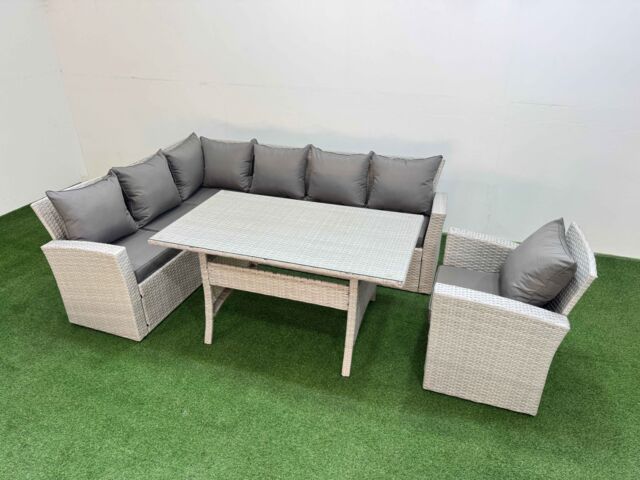 Fimous 7 Seater Rattan Garden Furniture Set with Dining Table Chair in Light Grey - image 1