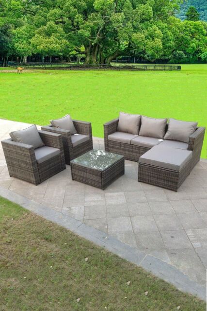 Fimous Lounge Rattan Sofa Set With Tables 2 Armchair Stool Outdoor Furniture 6 Seater in Dark Grey - image 1