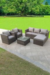 Fimous Lounge Rattan Sofa Set With Tables 2 Armchair Stool Outdoor Furniture 6 Seater in Dark Grey - thumbnail 1