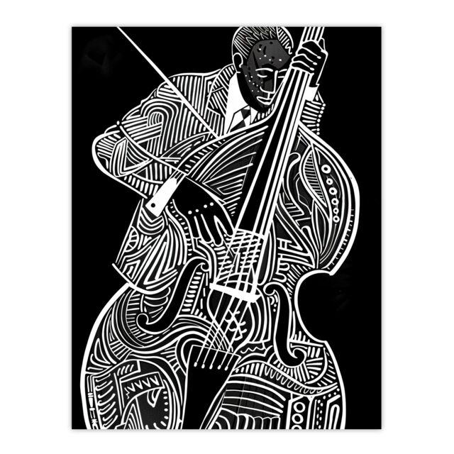"Artery8 Double Bass Black White Jazz Music Player Design Wall Art Print - Size: W18"" x H24""" - image 1
