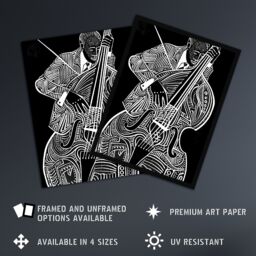 "Artery8 Double Bass Black White Jazz Music Player Design Wall Art Print - Size: W18"" x H24""" - thumbnail 2