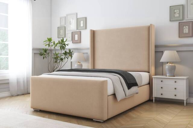 "Comfort Beds Madrid Plush Bed Frame - 50"" Upholstered Wingback Headboard in Stone - Size: Small Double" - image 1