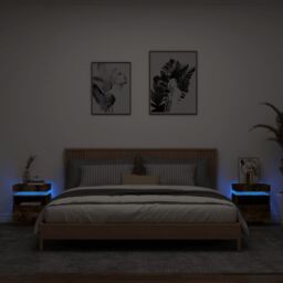 Berkfield Home Bedside Cabinets with LED Lights 2 pcs Smoked Oak 40x39x48.5 cm in Brown - thumbnail 1