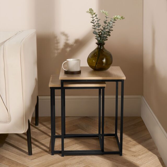 OHS Manhattan Set of 2 Square Nest of Tables Modern End Side Coffee Table in Light Oak - image 1