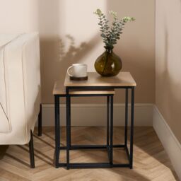 OHS Manhattan Set of 2 Square Nest of Tables Modern End Side Coffee Table in Light Oak