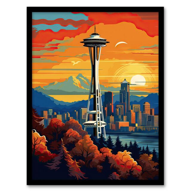 Artery8 Wall Art Print Seattle Washington The Space Needle Funky Modern Painting Art Framed in Black - Size: A4 - image 1